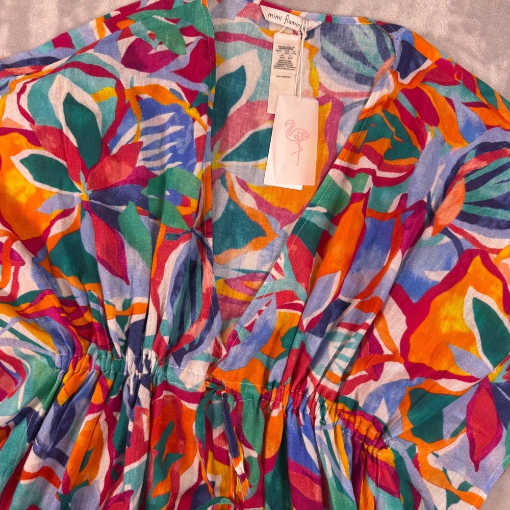 Mimi Flamingo Dune Mini Caftan Womens L Linen CoverUp Abstract Floral V-Neck NEW